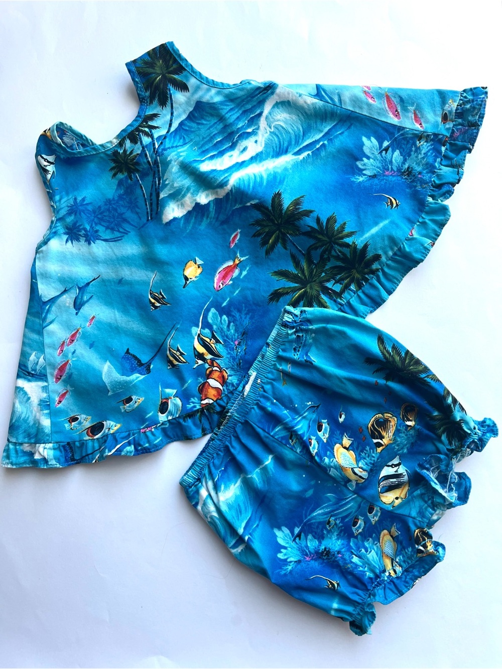 Vintage Girls Hilo Hattie Blue Tropical Ocean Print play set Sz 12 months